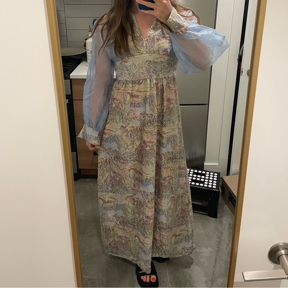 Vintage Blue and Tan Pleated Tiered Maxi Dress